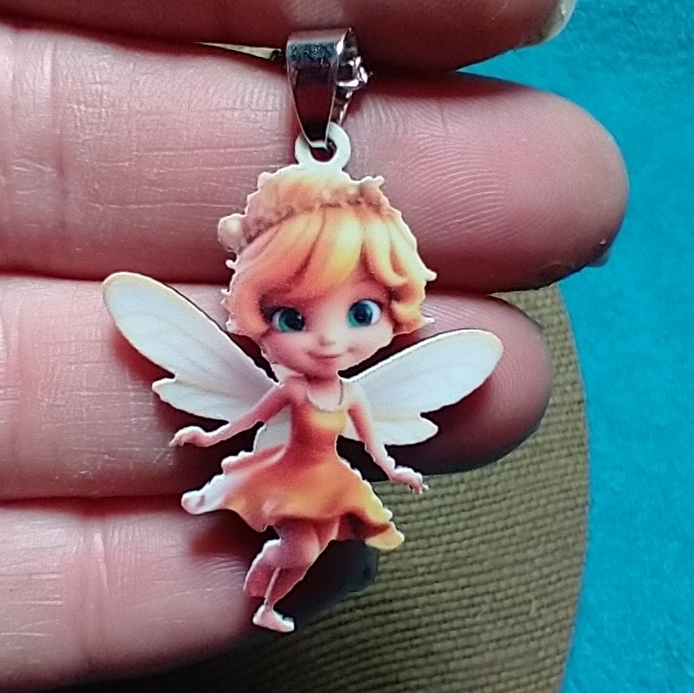 Fairy Pendant Necklace white wings yellow dress blue eyes